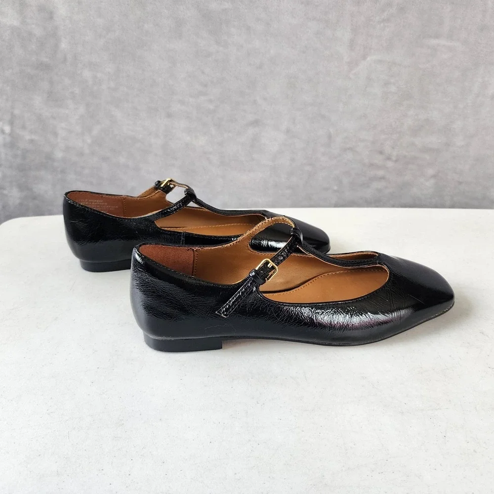 Madewell Mylie Flats Womens Size 5 Black Leather Buckle Square Toe Shoes T-Strap